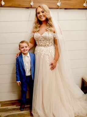 Allure Bridals Blush Off-Shoulder Lace A-Line Wedding Gown